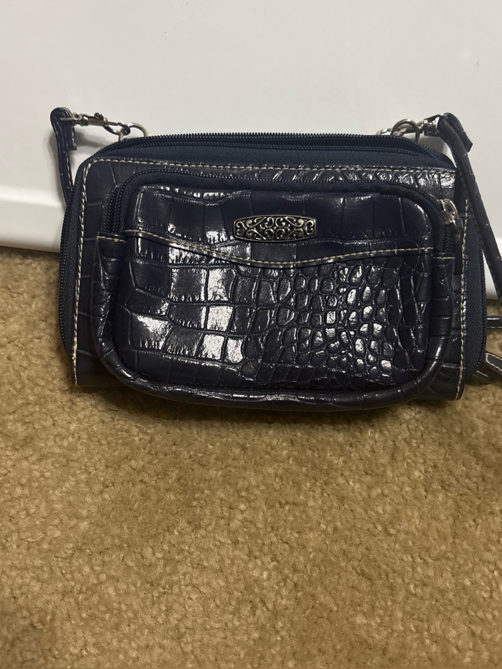 Vintage Navy Croc-Embossed Crossbody Bag - Unbranded